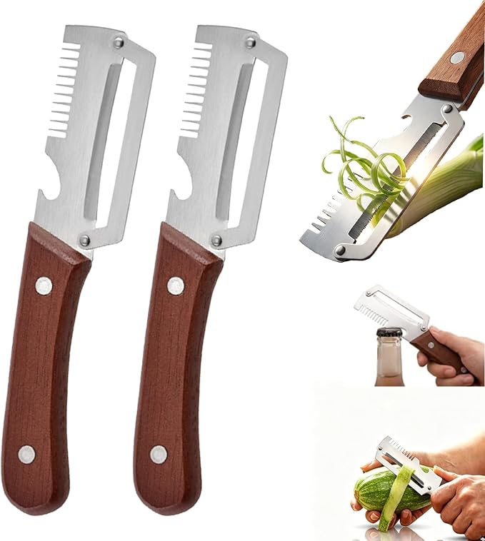 Multi-Functional Vegetable Peeler with Wooden Handle,3-in-1 Stainless Steel Stainless Steel Veggie Cutter with Bottle Opener,Kitchen Tool for Fruit Veggie Pumpkin That Need to Be Peeled(2PCS)