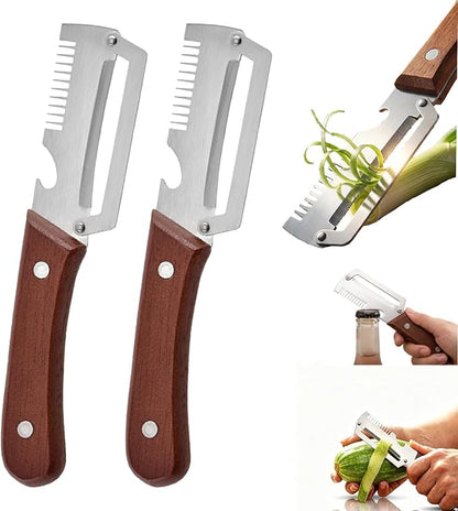 Multi-Functional Vegetable Peeler with Wooden Handle,3-in-1 Stainless Steel Stainless Steel Veggie Cutter with Bottle Opener,Kitchen Tool for Fruit Veggie Pumpkin That Need to Be Peeled(2PCS)