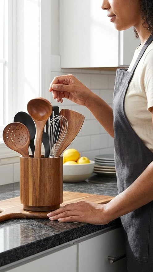 Linda's Essentials Acacia Wooden Utensil Holder for Kitchen Counter, 7.2" Wood Utensil Holder Counter, Kitchen Utensils Holder with 360° Rotation, Non-Slip Large Utensils Holders, Spatula Holders - Image 2