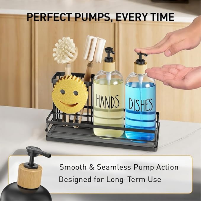 Moforoco Kitchen Dish Soap Dispenser Set, 16OZ Glass Bottle, Hand and Dish Soap Dispenser Set, Instant Dry Tray, Brush Holder with Smiley Face Sponge Holder (Black Tray+Clear Bottle) - Image 2