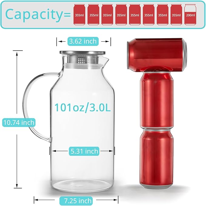 Bivvclaz 3 Liter 101 oz Glass Pitcher with Lid and Handle, Water Pitcher for Fridge, Glass Carafe for Hot/Cold Water, Large Iced Tea Jug for Coffee, Juice and Homemade Beverage - Image 2