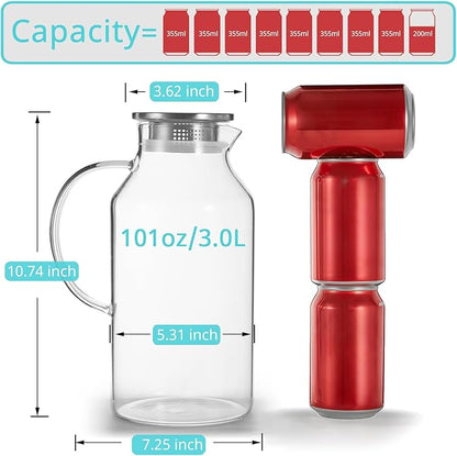 Bivvclaz 3 Liter 101 oz Glass Pitcher with Lid and Handle, Water Pitcher for Fridge, Glass Carafe for Hot/Cold Water, Large Iced Tea Jug for Coffee, Juice and Homemade Beverage - Image 2