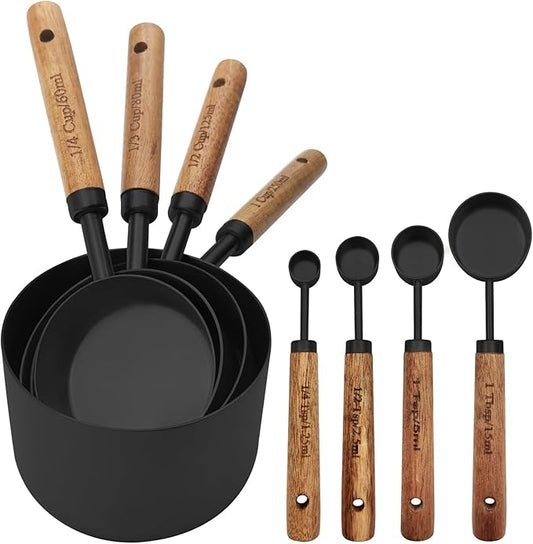 Black Measuring Cups and Spoons Set, Measuring Spoons and Measuring Cup Set for Cooking & Baking with Wood Handle