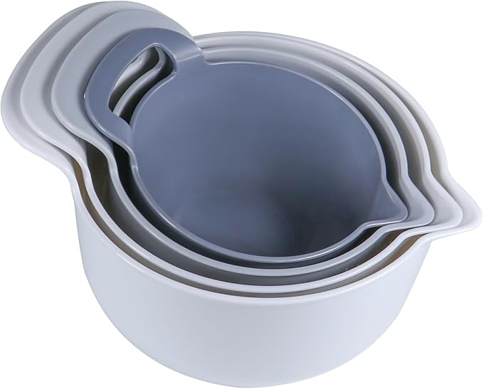 Mixing Bowls - 4 Piece Nesting Plastic Mixing Bowl Set with Pour Spouts and Handles - Non Slip Bottom and Measurement Markings (Light Gray) - Image 3