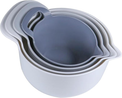 Mixing Bowls - 4 Piece Nesting Plastic Mixing Bowl Set with Pour Spouts and Handles - Non Slip Bottom and Measurement Markings (Light Gray) - Image 3
