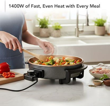 OVENTE 11.5-Inch Electric Skillet & Frying Pan, 1400W Nonstick Cooking Pan with Adjustable Temperature Control, Tempered Glass Lid with Steam Vent, Cool-Touch Handles, Easy-Clean Copper SK11112CO - Image 2