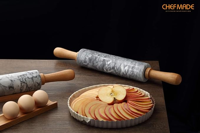 CHEFMADE 18-Inch Marble Rolling Pin with Wooden Handles and Cradle, Non-Stick (Gray and White) - Image 5