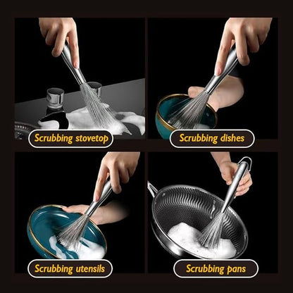 Stainless Steel Dish Brush with Handle, Metal Steel Wool Scrubber for Cast lron, Cookware, Pot, Pan, Grill（1PCS