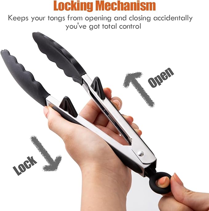 Kitchen Tongs, 9 Inch Tongs for Cooking with Silicone Tips, Food Grade Small Silicone Tong, Mini Serving Tongs for Nonstick Pans, BBQ, Salad, Set of 3, Black - Image 3