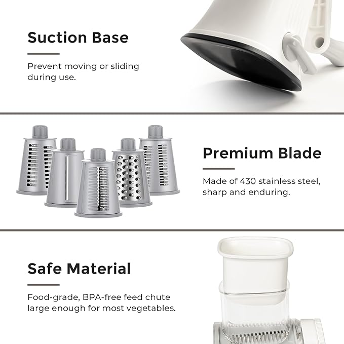 X Home 5-in-1 Rotary Cheese Grater for Kitchen, Upgraded Hand Crank Shredder with Stronger Suction Base & Multifunctional Drum Blades, for Cheese, Vegetables and Nuts, Easy to Use and Clean, White - Image 5