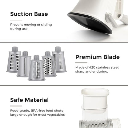 X Home 5-in-1 Rotary Cheese Grater for Kitchen, Upgraded Hand Crank Shredder with Stronger Suction Base & Multifunctional Drum Blades, for Cheese, Vegetables and Nuts, Easy to Use and Clean, White - Image 5