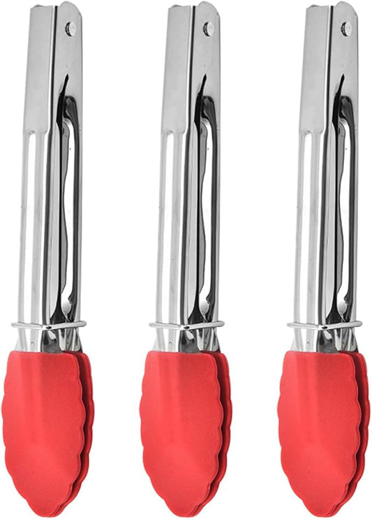 Mini Kitchen Tongs with Silicone Tips, 3-Piece Set, 7-Inch Non-Stick Tongs with Stainless Steel Silicon Handles, Heat Resistant for Cooking & Serving (Red) by JXJYZLN