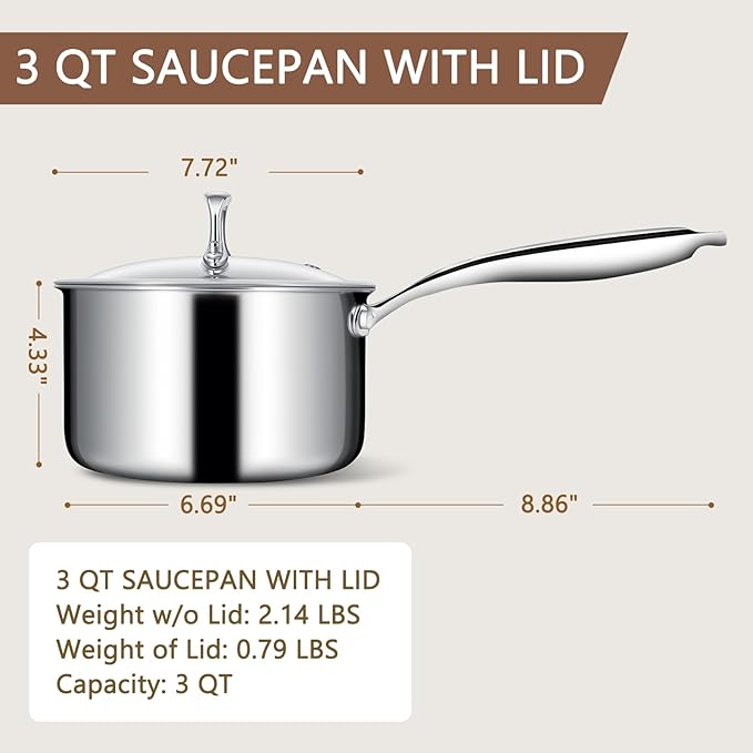 EWFEN 3 Ply Stainless Steel Saucepan with Lid, 3 Quart Multipurpose Cooking Pot, Stay-Cool Handle, Induction Oven Dishwasher Safe, 3 QT - Image 2