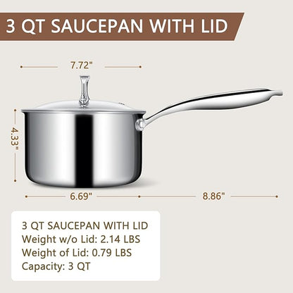 EWFEN 3 Ply Stainless Steel Saucepan with Lid, 3 Quart Multipurpose Cooking Pot, Stay-Cool Handle, Induction Oven Dishwasher Safe, 3 QT - Image 2