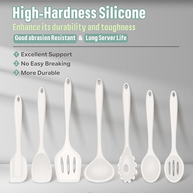 E-far Silicone Cooking Utensils Set, 7-Piece White Heat Resistant Kitchen Utensils Set, Kitchen Nonstick Tools Spatula Ladle Spoon Pasta Server for Non-stick Cookware, Non-Toxic & Dishwasher safe - Image 2