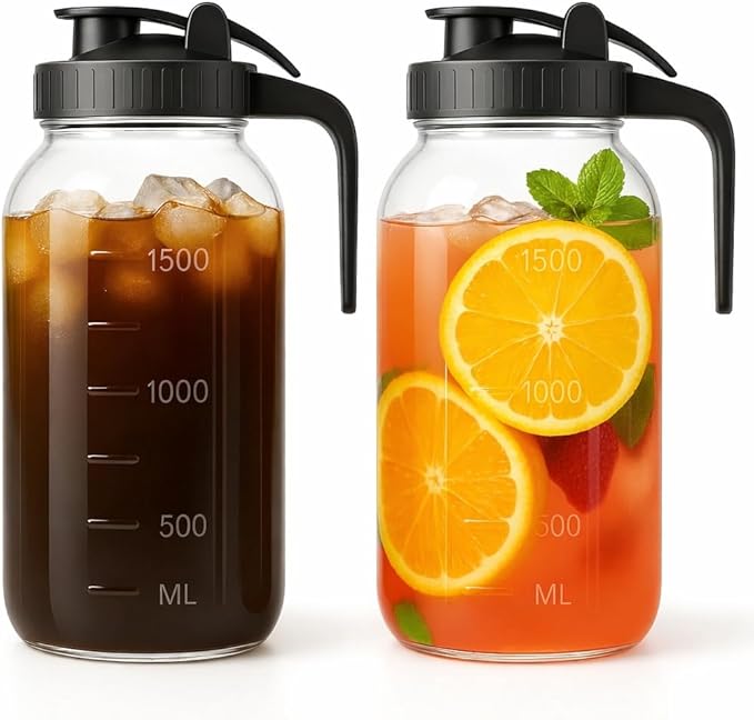 Mason Jar Pitcher Set of 2-64oz (2 Quart) Airtight & Leakproof Glass Pitcher with Lid, Perfect for Storing Breastmilk, Cold Brew, Sun Tea, with Easy-Pour Spout Lid by VA1KENE