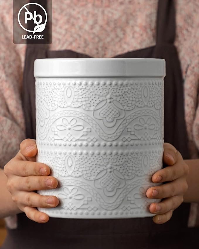 FUN ELEMENTS Kitchen Utensil Holder, 7.2" Super Large Utensil Crock Heavy and Stable Lace Emboss Ceramic Utensil Holder for Kitchen Counter (Bright White) - Image 4