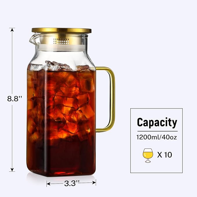 40 oz,1.2Liter Square Glass Pitcher with Lid and Spout, Water Pitchers with Handle for Fridge, Borosilicate Glass Carafe for Hot/Cold Drink, Large Jug for Iced Tea, Coffee, Beverage, Cold - Image 2
