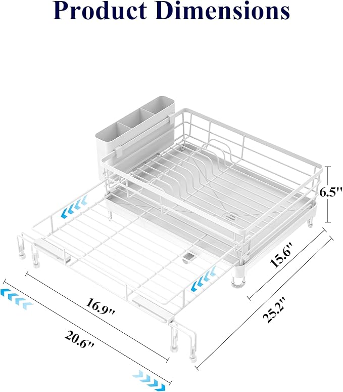 Kitsure Extendable Dish Drying Rack - Rust-Resistant Dish Racks for Kitchen Counter with Adjustable Support Legs, Cutlery Holder & Removable Draining Tray (White, 15.6''-25.2''L × 16.9''W × 8.1''H) - Image 3