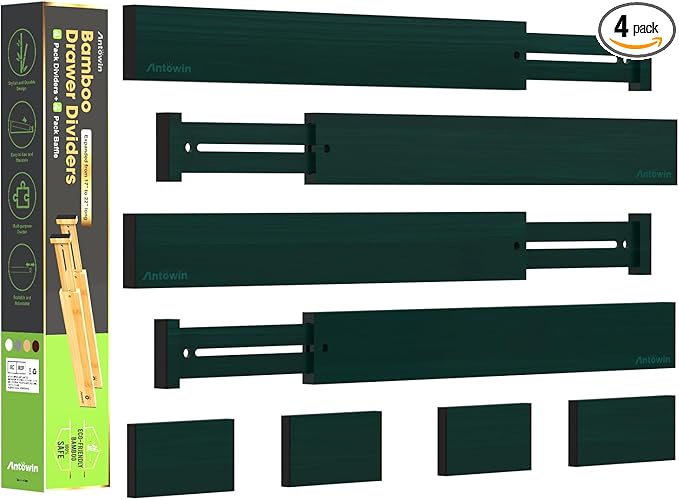ANTOWIN Expandable Bamboo Drawer Dividers Organizers, Drawer Separators Splitter,17-22 inches Long Adjustable Spring-loaded Organizer for Large Utensil, Clothes, Tools(Dark Green) by ANTOWIN
