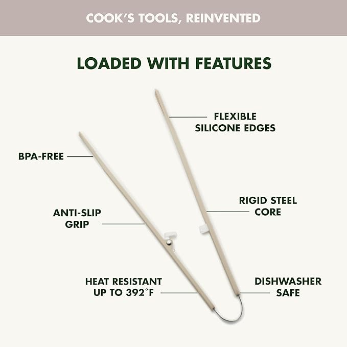 GreenPan Silicone Tong, Cooking Grilling Serving, Salad, Kitchen Utensil, Flexible Rubber Nonstick Cookware, Rigid Steel Core, Heat-Resistant, Anti-Slip Handle, BPA-Free, Dishwasher Safe, Taupe - Image 4