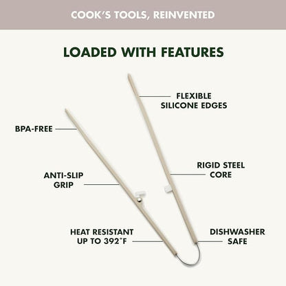 GreenPan Silicone Tong, Cooking Grilling Serving, Salad, Kitchen Utensil, Flexible Rubber Nonstick Cookware, Rigid Steel Core, Heat-Resistant, Anti-Slip Handle, BPA-Free, Dishwasher Safe, Taupe - Image 4
