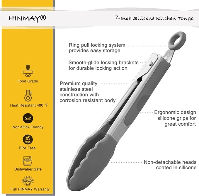 HINMAY Small Serving Tongs with Silicone Tips 7 Inch Mini Stainless Steel Food Tongs, Set of 3 (Gray) - Image 2