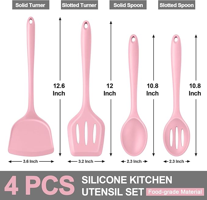 P&P CHEF Kitchen Utensil Set, 4 Pieces Non-stick Silicone Cooking Utensils, Heat-resistant Slotted Solid Spoon Turner for Frying, Mixing, Serving, Non-toxic & Easy to Clean, Pink - Image 2