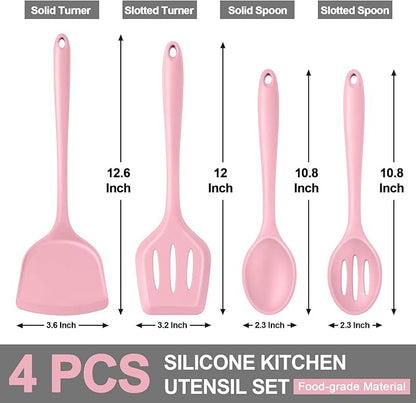 P&P CHEF Kitchen Utensil Set, 4 Pieces Non-stick Silicone Cooking Utensils, Heat-resistant Slotted Solid Spoon Turner for Frying, Mixing, Serving, Non-toxic & Easy to Clean, Pink - Image 2