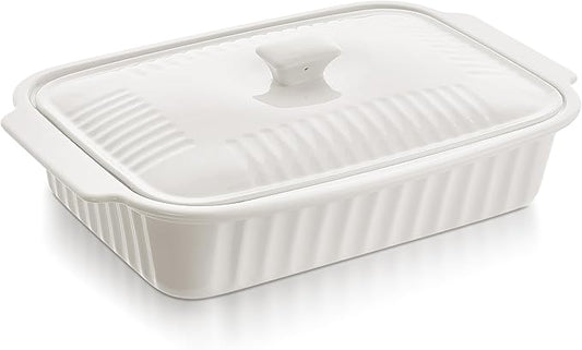 Large Baking Dish with Lid,5.5 Quart Lasagna Pan with Lid, 13.5x9 inch Ceramic Casserole Dish with Lid, Microwave, Dishwasher Safe, White by Roeveca