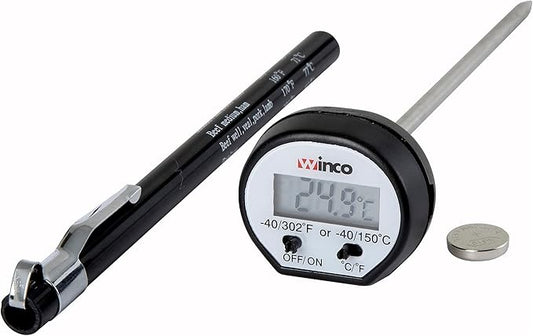 Winco Digital Thermometer, 15/16" LCD, 4-3/4" Probe, Black