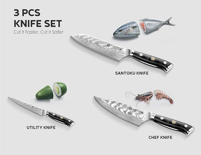 Damascus Knife Set 3 PCS: Japanese Kitchen Knives with VG10 Steel Core, Ultra-Sharp Professional Chef Knife Set, Full Tang G10 Handle, NSF Food-Safe, Elegant Box for Men Him Husband, Mothers Day