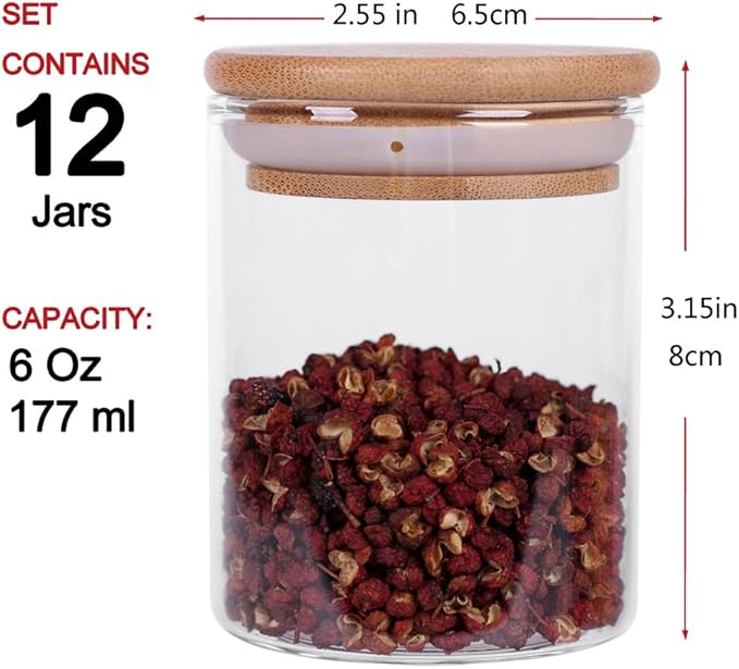 Tzerotone Glass Jars Set,Upgrade Spice Jars with Wood Airtight Lids and Labels, 6oz 12 Piece Small Food Storage Containers for Home Kitchen, Tea, Herbs, Sugar, Salt, Coffee, Flour, Herbs, Grains… - Image 7