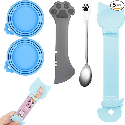 5 PCS Cat Food Can Covers Lids Set, Silicone Pet Food Can Lids with Multi-Function Cat Food Spoon and Opener, Cat Bar Squeezer, Stainless Steel Wet Food Spoon for Cats and Dogs (Blue)