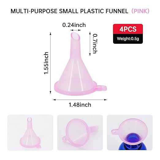 Mini Funnel 4-Pack for Lab Bottles, Sand Art, Perfume, Spice, Powder, Essential Oil, Recreational, Kitchen Food Grade Small Plastic (Pink)