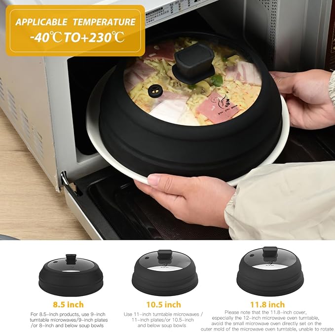 Microwave Splatter Cover Glass Splatter Guard Lid with Collapsible Silicone for Food Plate Covers 8.5 inch Black - Image 2