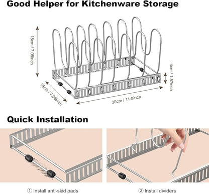 Housolution Pot and Pan Organizer Rack for Cabinet, Pot Lid Organizer with 7 Adjustable Dividers, Pan Holder Storage Rack for Kitchen Cabinet, Silver - Image 5