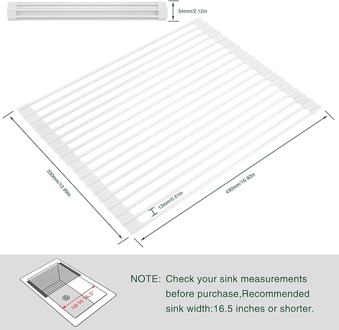Hanzenma Roll Up Dish Drying Rack - Over The Sink, Multipurpose Foldable Sink Drying Mat, Heat-Resistant, Anti-Slip & Anti-Rust, 17" x 13", White - Image 2