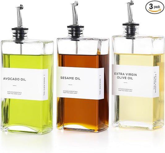 Olive Oil Dispenser Bottle for Kitchen, 3 Pack Glass Oil and Vinegar Dispenser Set, Elegant Book Design, Durable, Leak-Proof, Easy-Pour Spouts, Perfect for Kitchen, Dining Table (17oz) by MIWUYI
