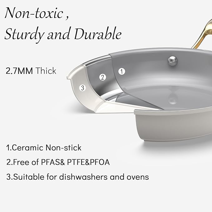 10-Inch Ceramic Non-Stick Cookware Set, 8-in-1 Multifunctional Cookware, Interior & Exterior Ceramic Coating, PFAS/PTFE/PFOA-Free, Compatible with All Stovetops， Oven-Safe up to 450°F