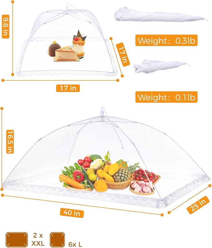 Anpro Food Covers for Outdoors- 2 Extra Large (40"x25") + 6 Large (17"x17") Pop-Up Mesh Food Tents, Collapsible Reusable Bug-Proof Nets for Picnics, BBQs & Camping, Stainless Steel Frame - Image 4