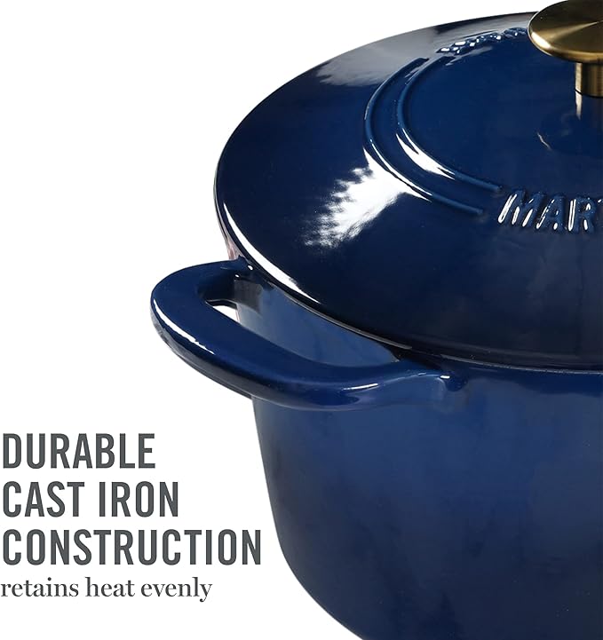 MARTHA STEWART Gatwick 7-Quart Enamel Cast Iron Dutch Oven Pot with Lid – Navy Blue with Gold Knob – Durable Heavy-Duty Dutch Oven for Slow Cooking & Braising - Image 8