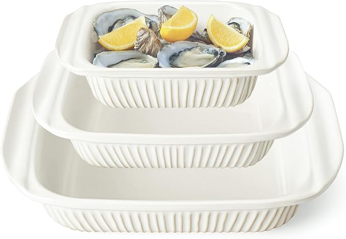 Artena Casserole Dishes For Oven, Ceramic Baking Dish, Large Lasagna Pan With Handles, Baking Pan Casserole Dish, Rectangular Bakeware Deep, White, Set Of 3 (5.1Qt/2.3Qt/1.1Qt) (Only Baking Dish) by Artena