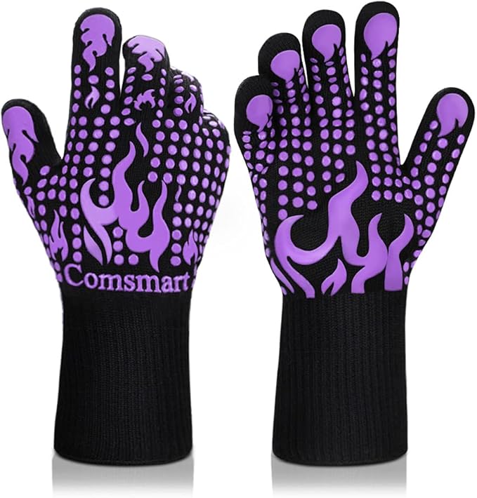 Comsmart BBQ Gloves, 1472 Degree F Heat Resistant Grilling Gloves Silicone Non-Slip Oven Gloves Long Kitchen Gloves for Barbecue, Cooking, Baking(Purple) by Comsmart