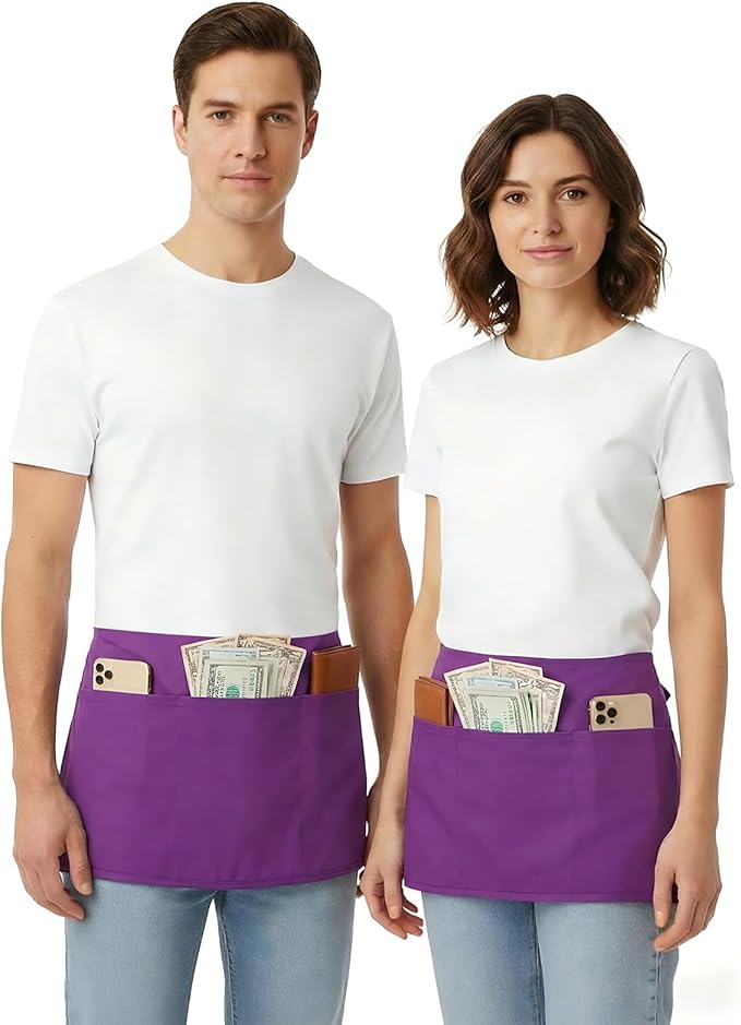 BOHARERS Waist Purple Apron with 3 Pockets - Black Waitress Server Short Apron - Image 4