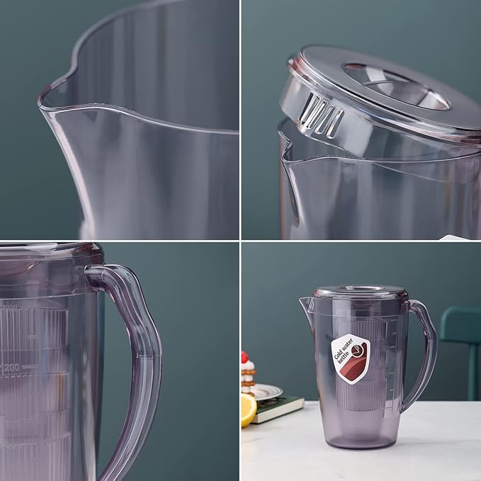 HOMQUEN Plastic Pitcher with 3 Cup, 60 Oz/1.8L Water Pitcher with Lid, Iced Tea Pitcher, Water Carafe, Jar Pitcher, Water Jug with Handle for Tea, Juices, Milk, Cold or Hot Beverages (Gray) - Image 7