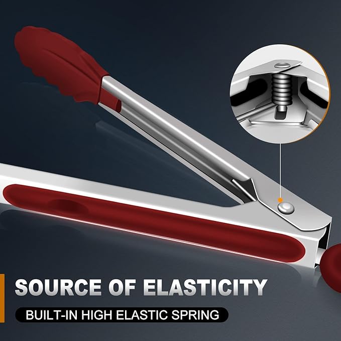 EDDEAS Tongs For Cooking - 7",9" and 12 inch Kitchen Tong with Silicone Tip,Heat Resistant 600 Degrees Metal Locking Tongs - for cooking,Salad and Barbecue,Red Set of 3 - Image 4