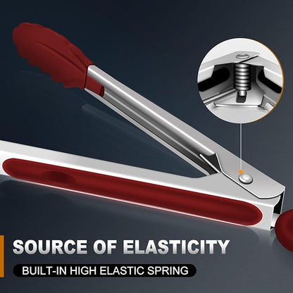 EDDEAS Tongs For Cooking - 7",9" and 12 inch Kitchen Tong with Silicone Tip,Heat Resistant 600 Degrees Metal Locking Tongs - for cooking,Salad and Barbecue,Red Set of 3 - Image 4