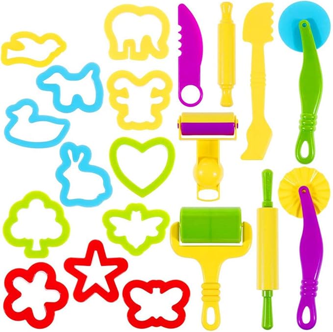 Dough Tools Set for Kids 20 PCS Dough Play Tools with Animal Cutters,Rollilng Pins,Rollers, Random Color by OunNana
