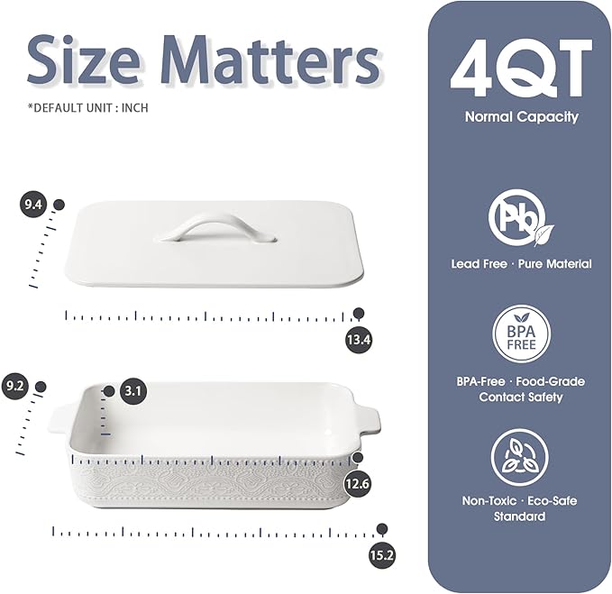 Casserole Dish with Lid, Ceramic 9x13 Casserole Dish for Oven, Rectangular Bakeware, Large Baking Dish with Handles for Holiday Cooking, Roasting, Baking, Oven & Microwave Safe (White) - Image 2